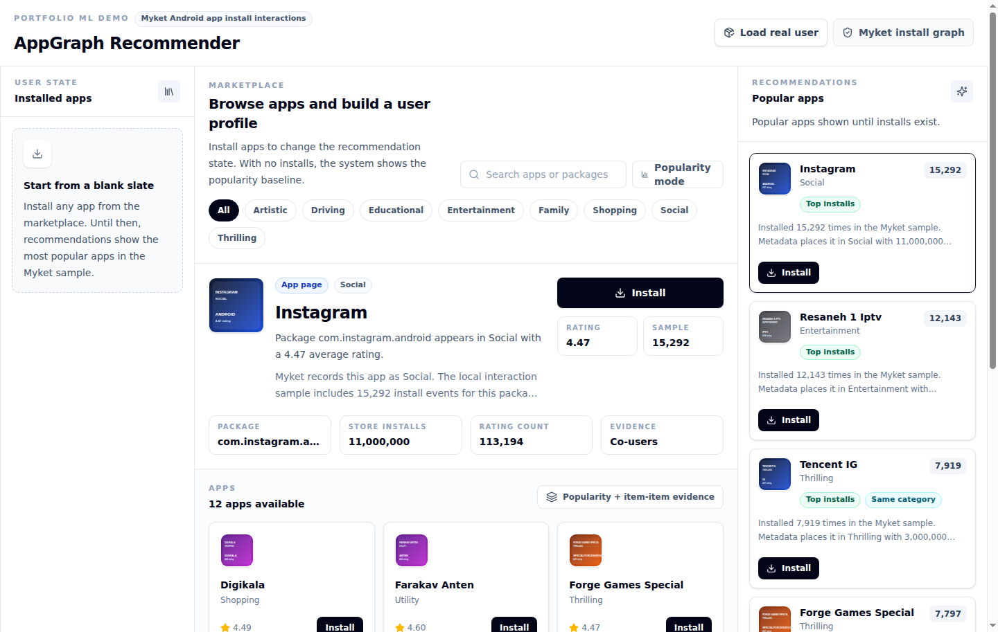 Interactive app recommendation system showing personalized app suggestions