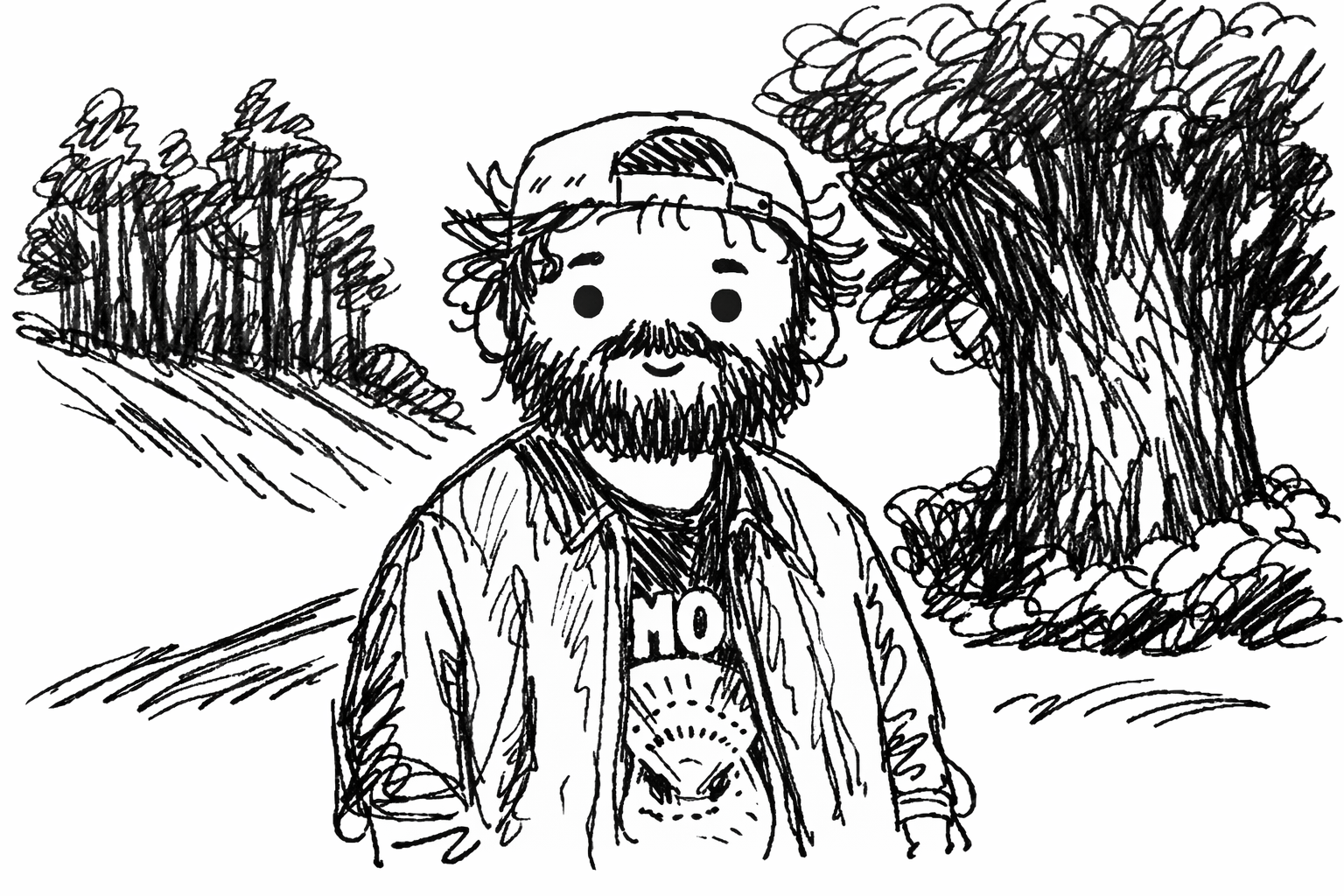 Hand-drawn doodle portrait of Truman Daniels standing in a forest